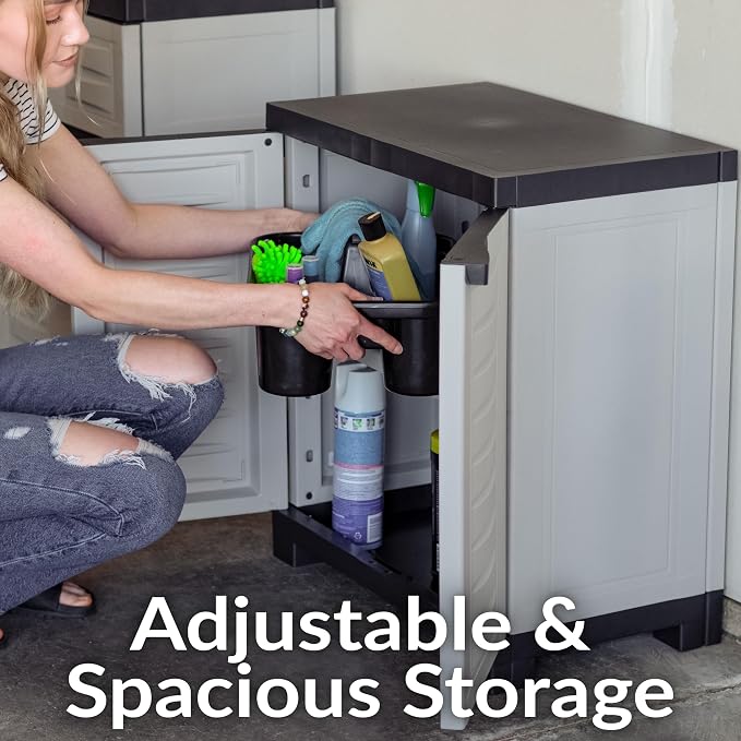 Sunnydaze 25.5" Garage Storage Cabinet with Adjustable Shelf, Gray | Heavy Duty Resin Storage Cabinet Resists Rust & Peeling, Easy-Clean Utility Cabinet with Doors for Garage, Closet, Office