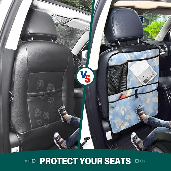 1 Pack Back Seat Car Organizer with Storage Pockets Kick Mats Back Seat Protector Hanging Car Organizer Automotive Seat Back Cover Organizers Sky Blue and White Butterflies