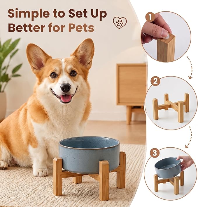hjn Elevated Ceramic Dog Bowl with Bamboo Stand, Raised Pet Feeding Station for Small Medium Dogs Cats, Modern Design with Anti-Slip Base (Gray Blue, 3.6Cup)