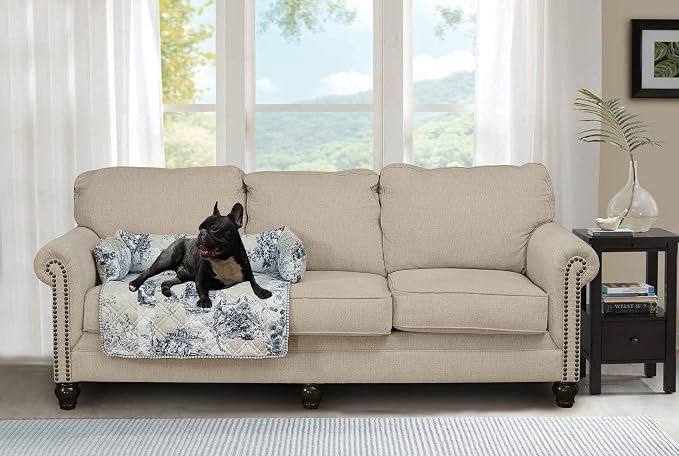 Brilliant Sunshine Blue Toile Dog Sofa Slipcover, Beige Ivory, Medium | Calming Pet Couch Bed with Removable & Washable Cover, Funiture Protector & Bed Mat for Dogs, Pets, Cats, 30"×32"×8"