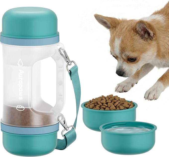 Dog Water Bottle with 20.3oz Water & 8.5oz Food Dispenser, 2 Detachable Bowls with Shoulder Strap, Leakproof Portable Travel Water Bottle for Pets Outdoor Walking, Hiking, Camping, Small