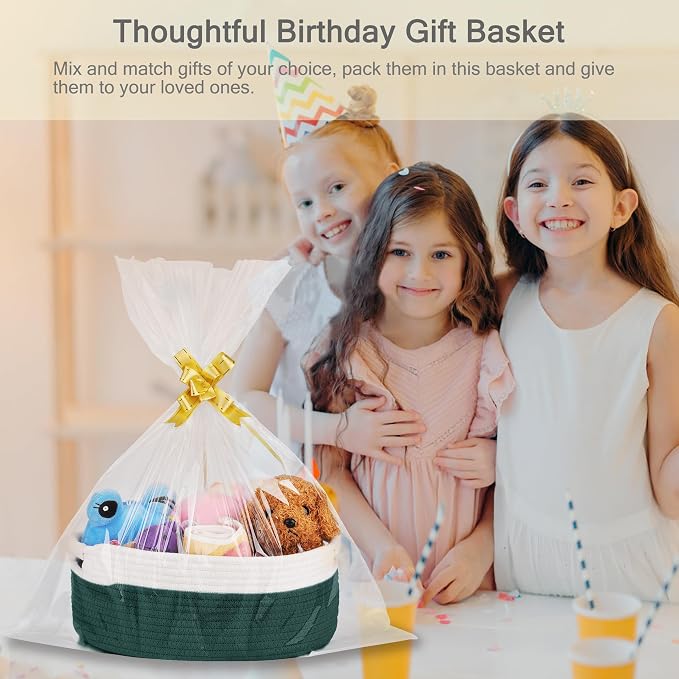 Small Woven Gift Basket with Bag & Ribbons, Dark Green | Cotton Rope, 13”x 9”x 5.5”, Fits for Kids, Women & Men, Bedroom, Living Room, Nursery & Bathroom Storage, Cat & Dog Toy Boxes