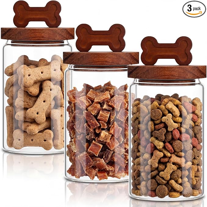 3 Pcs Glass Dog Treat Container, Dog Cookie Jar with Wood Lid | 3.54 x 5.91 Inch, Airtight Pet Treat Food Storage Container, for Countertop, Treats Canister, Doggie Cookie, Pets