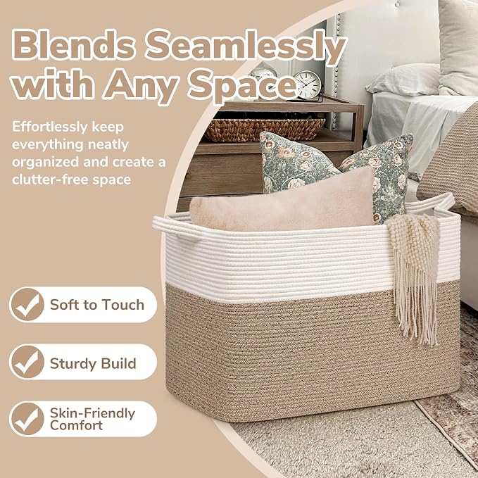 Goodpick 105L Extra Large Woven Rope Blanket Basket, White & Light Brown | 25'' x 16'' x 16'' Storage Basket for Blankets, Toys & Pillows, Living Room & Bedroom Organization, Reinforced Handles