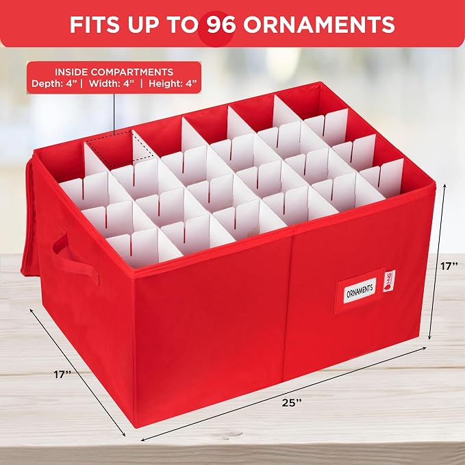 Christmas Ornament Storage Container with Dividers - Box Stores Up to 96 Ornaments, Zippered, Convenient, Adjustable, Large Organizer Bin to Protect Holiday Décor, Fits Most Standard Size, Red