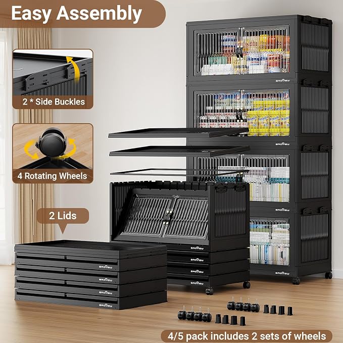 BROVIEW 600QT Extra Large Stackable Storage Bins with Lids, 3Pack Black | 150Gal Plastic Collapsible Cabinets Containers, Wheels & PET Doors, Foldable Closet Organizers Drawers for Office, Dorm