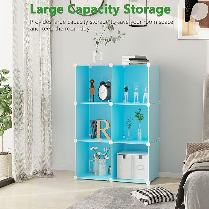 C&AHOME 6-Cube Storage Organizer Cube Shelf Closet Storage Bookcase, Blue | Stackable Cubby Storage, Bookshelf, Portable Plastic Storage Closet Organizer, DIY Modular Shelving Units for Home, Wardrobe