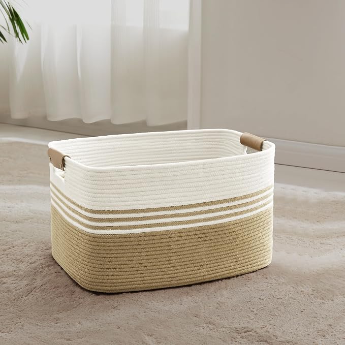 45L Small Woven Laundry Basket Hamper with Leather Handles,Khaki | collapsible wicker hamper, storage for dirty clothes, toys, blankets, gifts, living room, bedroom, bathroom, 18"x14"x11"