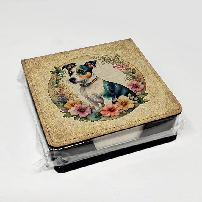 Caroline's Treasures Jack Russell Terrier and Flowers PU Leather Note Paper Holder with Artist-Designed Cover, Desk Accessory, Office Gift