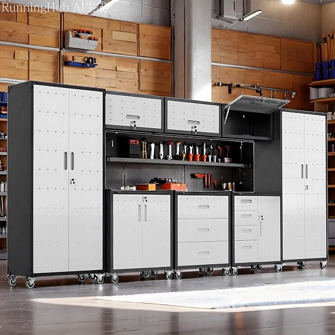 Garage Cabinet System | Heavy Duty Steel All-in-One Modular Garage Cabinet Set for Ultimate Workshop Organization | Easy Assembly Garage Storage Cabinets & Tool Bench