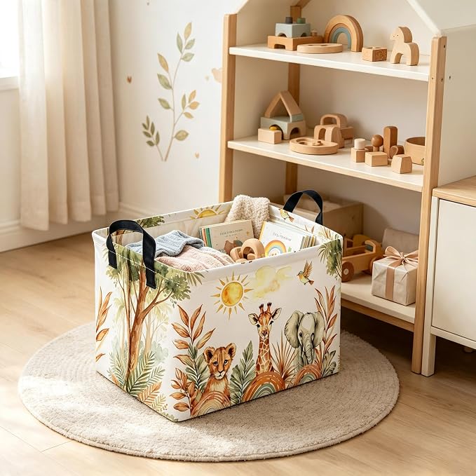 Rectangular Animal Baskets,Collapsible Gift Basket with Handles,Book Bins,Shelf Basket(Yellow animal)