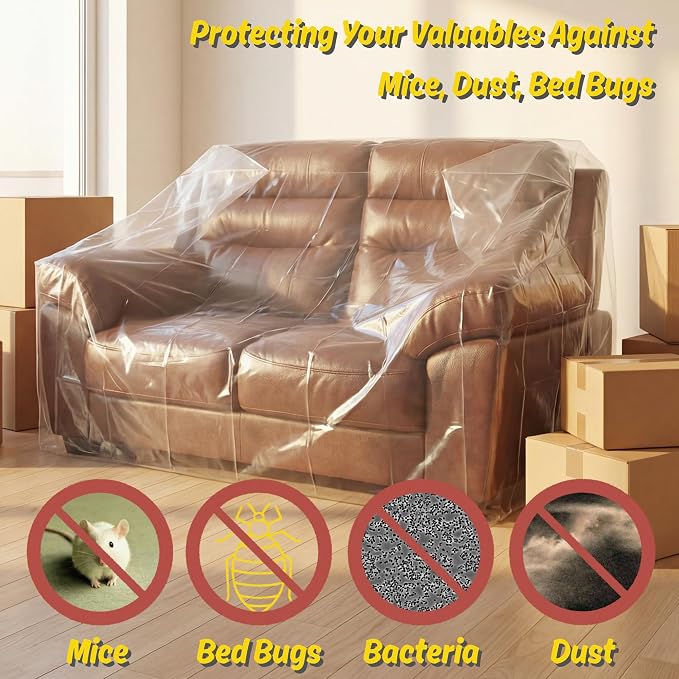 Wowfit 4mil Furniture Cover for Moving, Couch Storage Bag, 68.1Wx42Dx62/41H | With Tape Strips & Labels, Clear, Heavy Duty, Waterproof, Dustproof, Loveseat/Recliner, Sectional Piece, Garage, Outdoor
