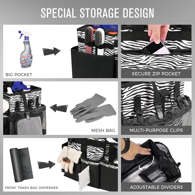 SCAVATA Wearable Cleaning Caddy, Cleaning Caddy Supplies Organizer with Handle & Shoulder Straps for Housekeepers, Under Sink & Car Cleaning Tool Organizers Bag with 4 Foldable Divider (ZebraStripe)