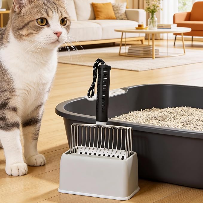 [2026 Version]18/8 Stainless Steel Cat Litter Scoop-Efficient Metal Cat Litter Scooper with Holder, Heavy Duty Litter Sifter, Pooper Scooper Kitty Litter Box-Cat Scooper for Litter Box Cleaning