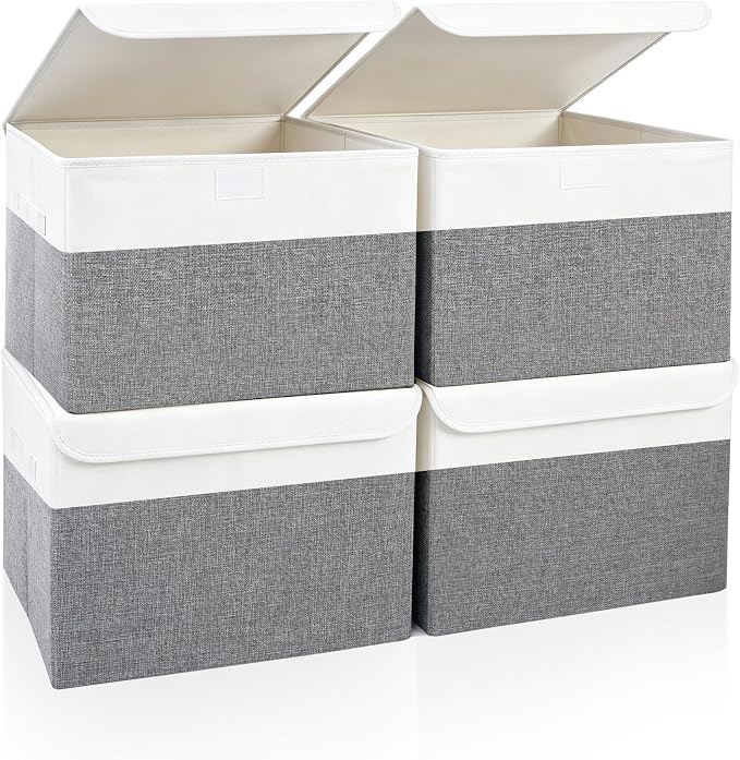 Large 22 Quart Linen Fabric Foldable Storage Bin Cube Organizer Basket with Flip-Top Lid & Handles, Clothes Blanket Box for Home, Office, Closet, Gray & White, 4 Pack 14.6 x 9.5 x 9.5”