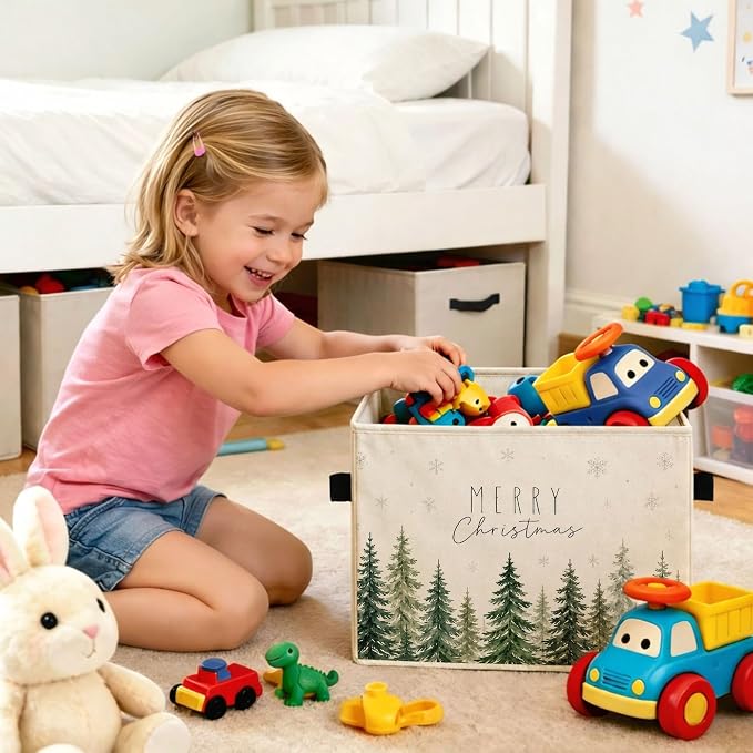 Merry Christmas Forest Storage Bin, Fabric Organizer | Merry Christmas forest storage bin with pine trees and snowflakes for toys, books, clothes, blankets, shelves, and closets.