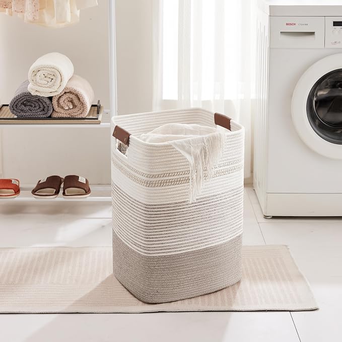 75L Tall Woven Laundry Basket Hamper with Leather Handles,Brown | collapsible wicker hamper, storage for dirty clothes, toys, blankets, gifts, living room, bedroom, bathroom, 16"x13"x22"