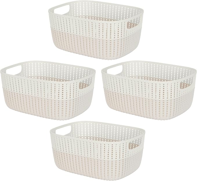 Simplify 4 Pack 2 Tone Sailor Knot Plastic Storage Tote | Decorative Basket | Closet Organization | De-clutter | Accessories | Toys | Bathroom Organization | Large | Ivory