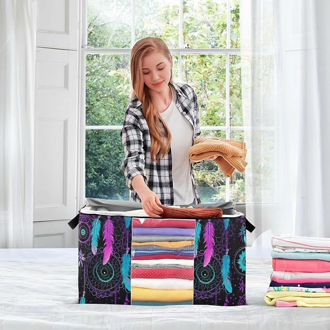 Generic Colorful Dream Catchers Clothes Storage Bag Bins 2 Pack Foldable Storage Containers Large Closet Organizer with Zipper Storage Cubes for Clothing Pillows Comforters 60L