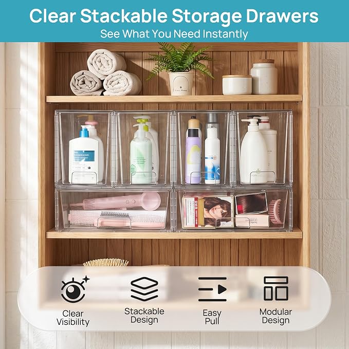 Vtopmart Clear Stackable Storage Drawers, 6 Pack Wide Tall Set | Wide and Tall Pull-Out PET Drawers with Stackable Design for Maximizing Space in Cabinets, Closets, Pantry