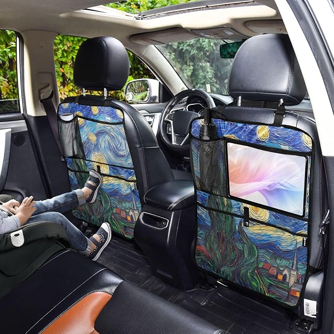 JIPONI Car Backseat Organizer, Van..gogh Starry Automotive Back Seat Protector, Kick Mats with Storage Pockets for Kids Pets, Road Trip Accessories