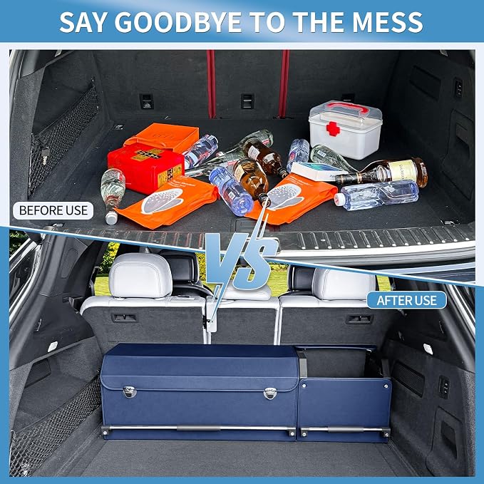 Leather Car Trunk Organizer SUV Trunk Organizer Car Trunk Storage Organizer | Large Trunk Organizer with Lid and Sturdy Handle Car Cargo Storage Box (Blue, 41 x 11.4 x 12.2in)