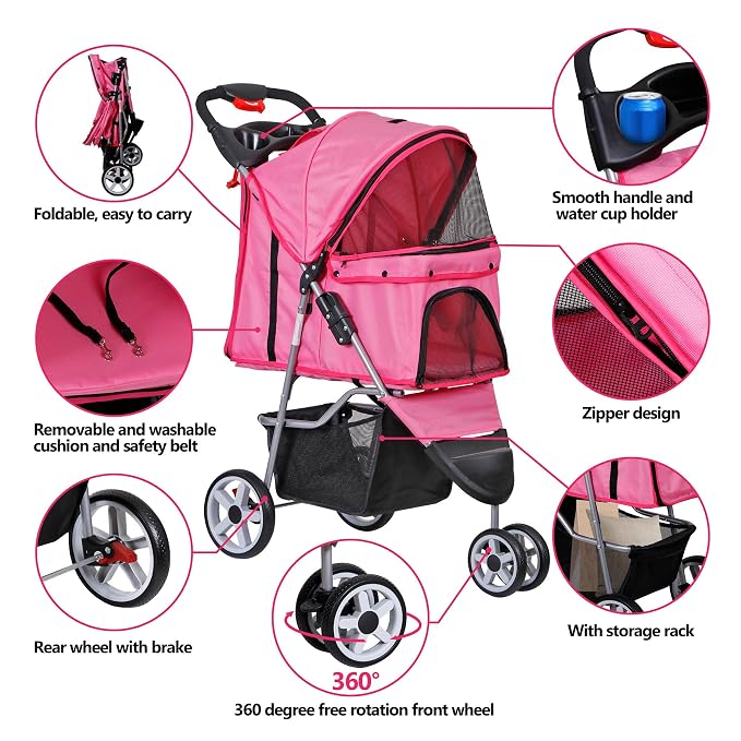 ZENY Pet Stroller for Small/Medium Dogs and Cats Foldable Dog Stroller | with 3 Wheels, Pet Strolling Cart, Dog Travel Carrier with Storage Basket, Cup Holder, Pink
