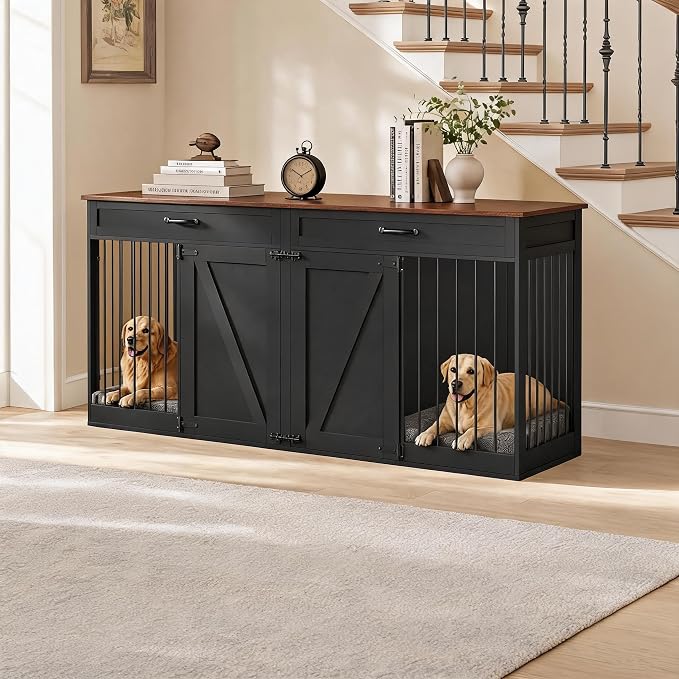 71'' Double Dog Crate Furniture for 2 Dogs, Dog Crate with 2 Drawer, Farmhouse Dog Crate with Removable Divider Dog Kennel Furniture, Heavy Duty Dog Cage and TV Stand for Large Medium Dogs