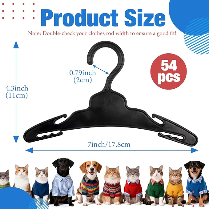 54 Pcs Dog Clothes Hangers 7 Inch Black Plastic Pet Clothes Hanger with Anti-Slip, Pet Clothes Hangers Suitable for Dog, Cat Clothes, Small Pet Clothes, Pet Wardrobe Organization Hangers
