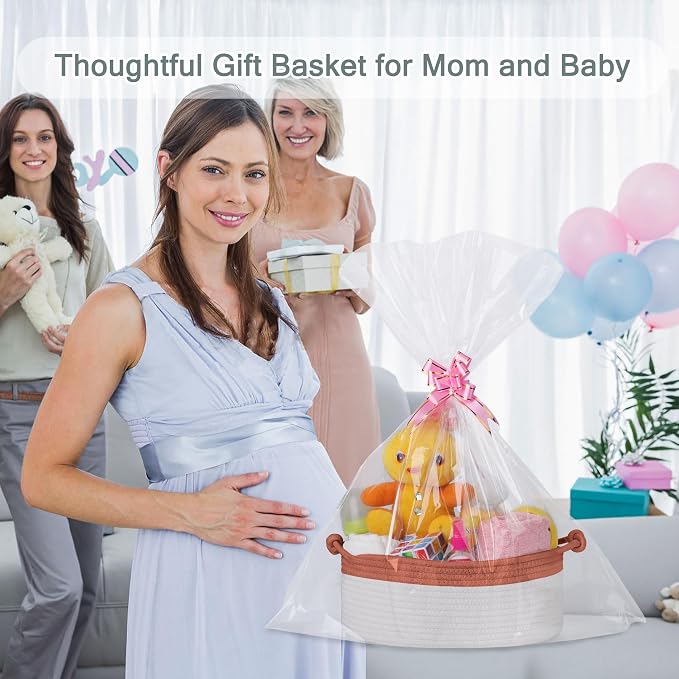 COMSE Small Gift Basket Empty with Bag & Ribbons, Autumn Glaze & White | Cotton Rope, 12"x 8"x 5", Pet Toy Storage Organizer, Woven Basket for Birthdays, Baby Showers, Mother’s Day, Valentine’s Day