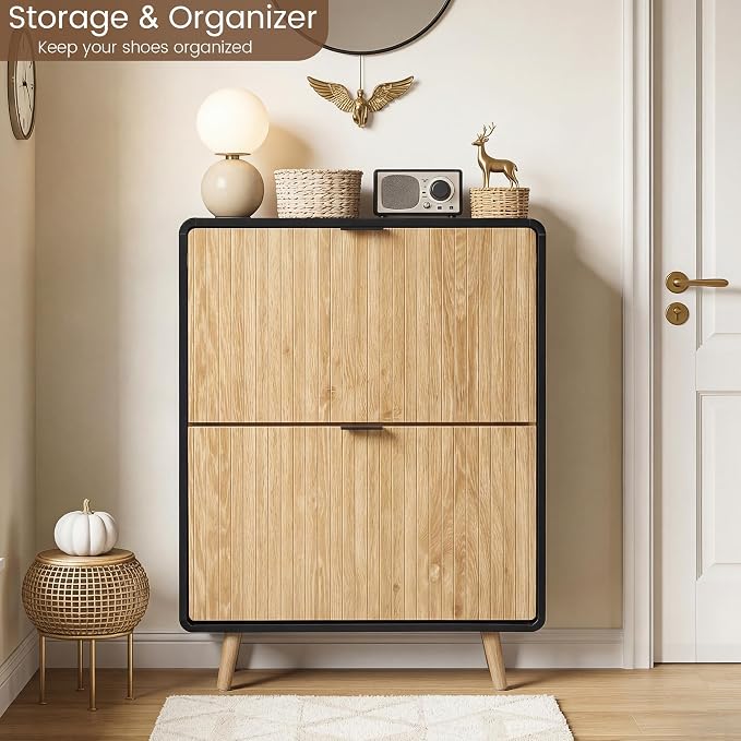 FurSch Fluted Shoe Storage Cabinet with 2 Flip Drawers, Narrow Shoe Rack Cabinet Organizer with Adjustable & Removable Shelves for Entryway (Natural and Black, 2 Drawers)