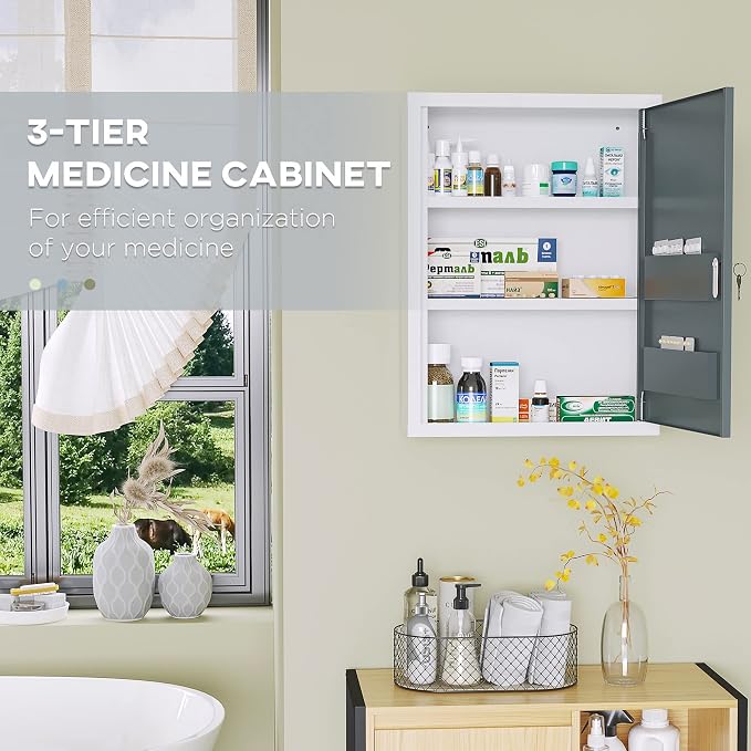 kleankin Bathroom Medicine Cabinet, Lockable, Shelves On Door, White Grey | Shelves Inside, First Aid Bathroom Wall Medical Cabinet