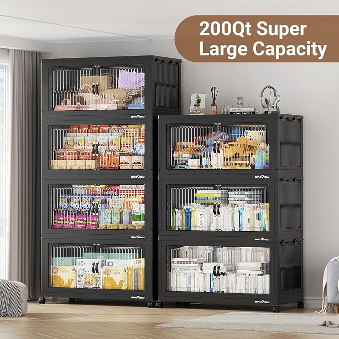 BROVIEW 800Qt Stackable Storage Bins with Lid for Home Dorm, 4Pack Black | Closet Organizers, Foldable & Collapsible Cabinets, Large Containers, Wheels & Magnetic Doors, Plastic Drawers for School
