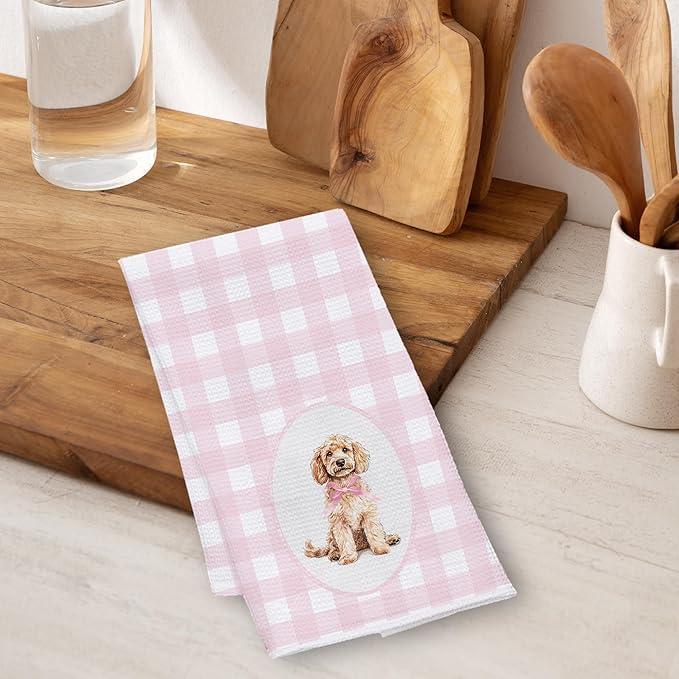 Pink Plaid Cockapoo Kitchen Towels 16x24 Inch, Cockapoo Lovers Gifts Decorative Hand Towels for Bathroom, Pink Checkered Dog Dish Tea Towel Drying Cloth