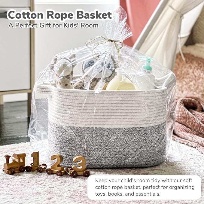 Goodpick Woven Rope Storage Basket for Shelves, Rectangle, Light Gray | 13" × 10" × 9" Stylish Gift Basket for Home Decor, Cotton Rope Baskets for Clothes, Towels & Toys Storage, Reinforced Handles