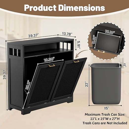 13 Gallon Double Tilt Out Trash Can Cabinet with Open Shelf & Storage - Pet Proof Hidden Recycling Cabinet & Wooden Laundry Hamper for Kitchen, Bathroom, Living Room, Black