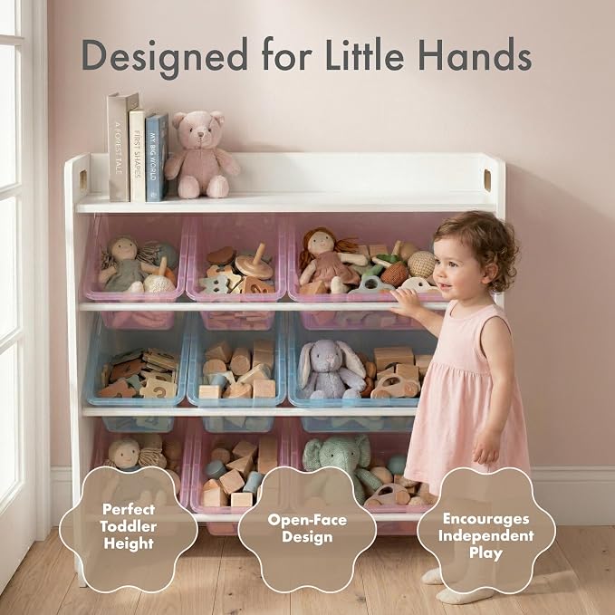 Humble Crew Kids Toy Organizer with Display Shelf, 9 Bins, 3 Tier Storage | Sturdy wood and steel toddler shelf, removable BPA-free containers, wall anchor anti-tip safety kit for bedroom or classroom