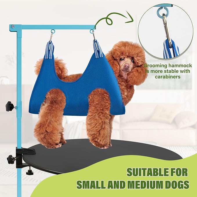 getlstub Dog Grooming Arm with Pet Grooming Hammock, 35" Pet Grooming Table Arm with Adjustable No Sit Haunch Holders, Dog Grooming Stand with Loop Noose for Small and Medium Pets, Blue