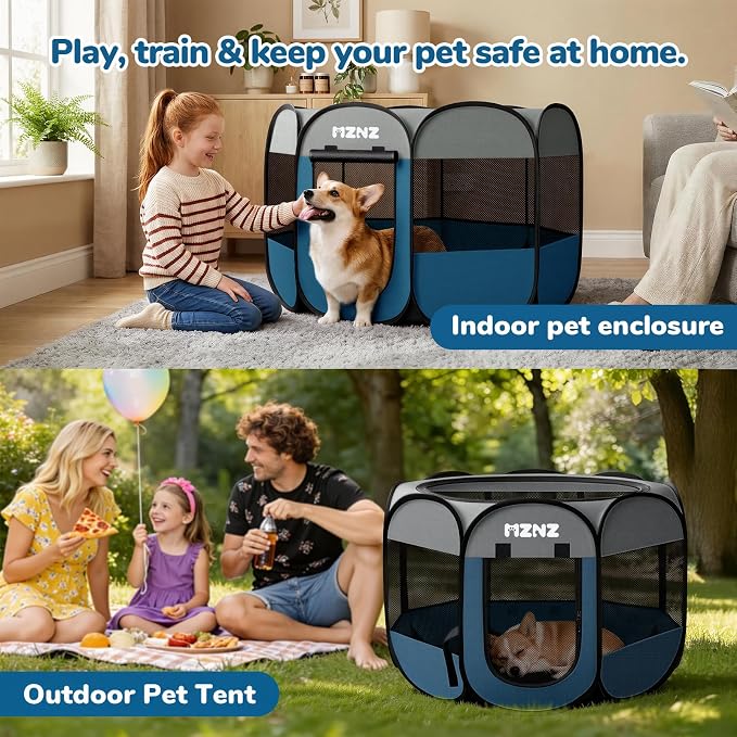 Dog Cat Small Animal Puppy Playpen Crate, Medium, Grey Blue | Portable Pop Up Pet Cage Enclosure Tent Kennel Indoor Outdoor with Carrying Case, No Assembly, Camping Use