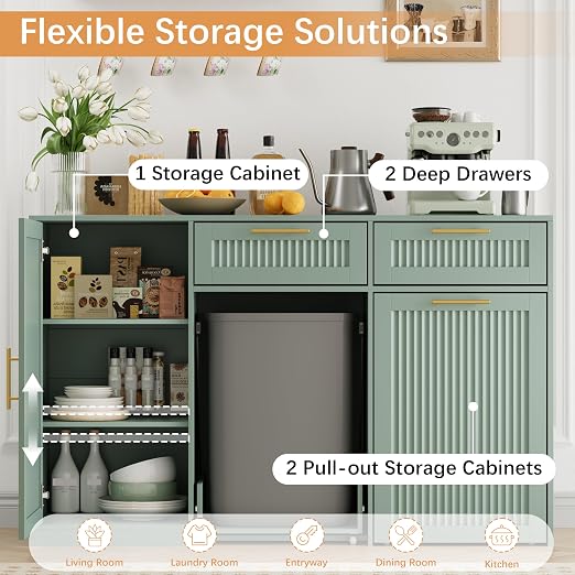 2 X 13 Gallons Double Pull Out Trash Can Cabinet with Storage, Green | 54"W Fluted Kitchen Trash Cabinet with Adjustable Shelf & Drawers, Hidden Pet Proof Trash Can Holder for Laundry Living Room