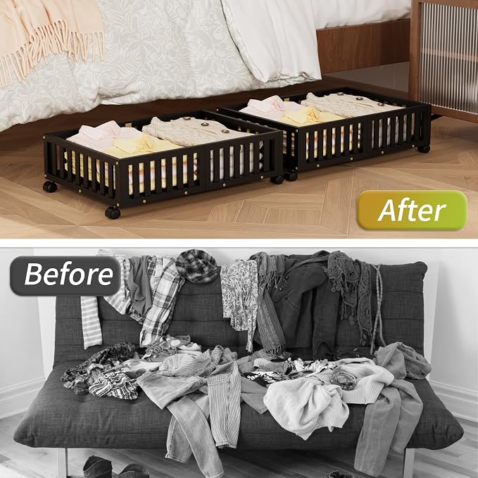 Under Bed Storage with Wheels, 2 Pcs Bamboo Drawers for Clothes and Toy | 360° wheels glide smoothly. Sturdy bamboo frames hold clothes, shoes, bedding and toys. Easy pullout access keeps rooms tidy