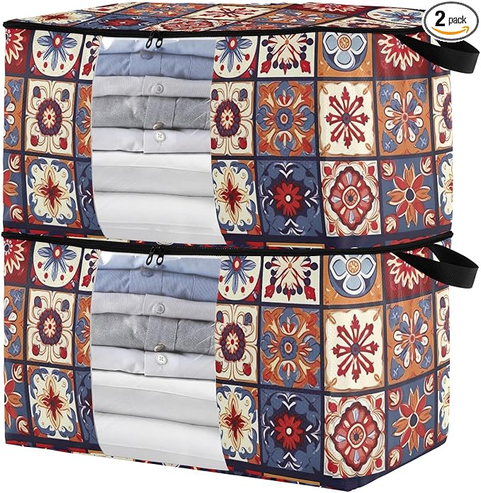 Generic Beige Mexican Tiles Clothes Storage Bag Bins 2 Pack Foldable Storage Containers Large Closet Organizer with Zipper Storage Cubes for Pillows Clothing Comforters 95L, g355896794p976c1037s2358
