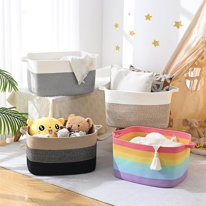 Large Blanket Basket, 100L Storage Baskets for Organizing, Woven Laundry Basket for Blankets, Cotton rope Blanket Storage for Living Room, Nursery Room, 24.8"L x 15.74"W x 15.74"H, Brown & Black