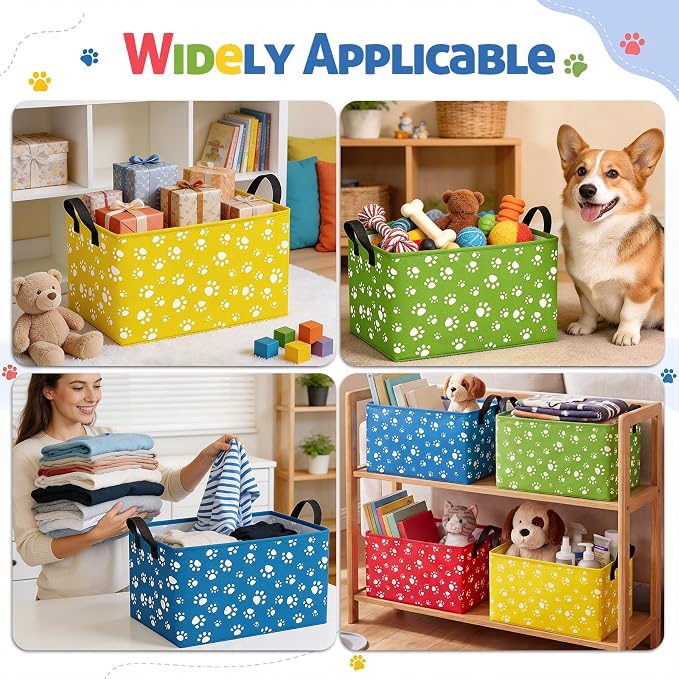 FoldTier 4 Pcs Dog Paw Storage Baskets Empty Collapsible Dog Toy Organizer Bins Puppy Storage Bin with Handles for Pet Toys Books Clothes Gifts Containers Home Rooms Decor(Paw)
