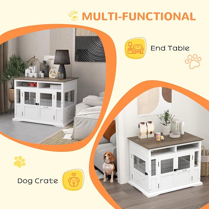 PawHut Dog Crate Furniture Side End Table with Storage, 41" Modern Wooden Dog Kennel Furniture with Double Doors for Small and Medium Dogs, White | Wooden Dog Kennel Furniture, Double Doors, for Small and Medium Dogs