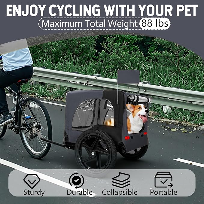 KEIKI Dog Bike Trailer with Built-in Leash, Pet Stroller Cart Bicycle Carrier, Easy Folding Cart Frame with Front Caster & 16" All-Terrain Wheels & Universal Hitch, Supports up to 66 lbs