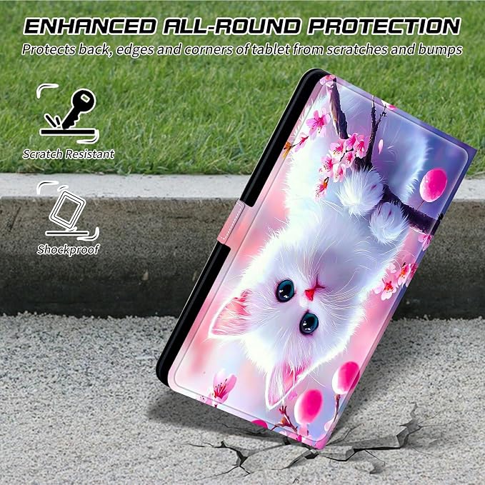 Universal Tablet Case for T-Mobile Revvl Tab 2 10.1" 2025/Revvl Tab 5G 10.36" 2023, 360 Degree Rotating Kickstand Protective Stand PU Leather Shell Cover for 9"-10.5", Flower White Cat