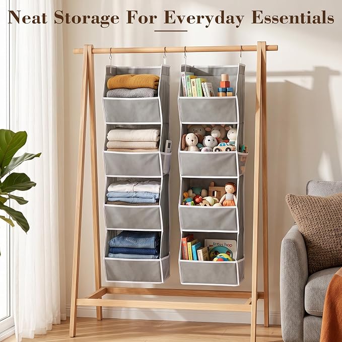 Novabright 2 Pack Hanging Closet Organizer, 4-Shelf Gray Closet Hanging Shelves with Side Mesh Pockets and Metal Hooks, Foldable Fabric Storage Organizer for Clothes, Shoes, Bags, Bedroom, Nursery