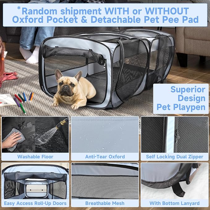 2-in-1 Dog Playpen, 46.5'' Pop Up Cat Puppy Pet Playpens Indoor/Outdoor Cats Enclosed, Cat Dog Tent Crate Cage Kennel, Portable Playpen for Kitten, Small Animals Play Pen(No Divider, Unified Space)