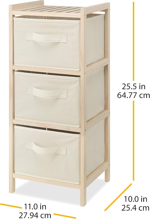 Whitmor 3 Drawer Wood Chest Organizer, Natural Pine Storage with Pull Out Fabric Bins, Easy Assembly, Compact Design for Bedroom Closet Nursery, 11.0"L x 10.0"W x 25.5"H